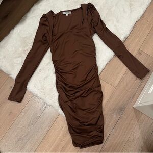 brown long sleeve ruched dress Casual Affair Long Sleeve Ruched Midi Dress main image 1